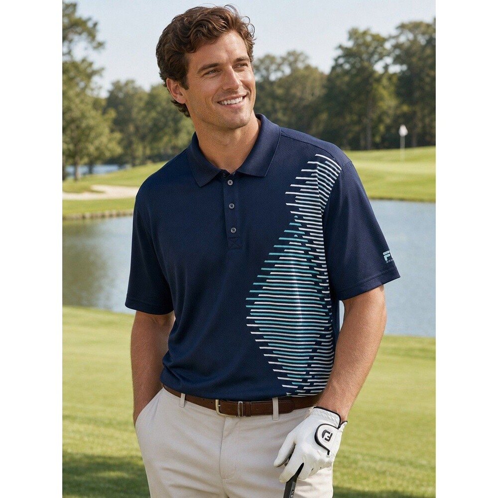 FILA Sport Golf Polo Shirt Mens Large Blue Striped Performance Short Sleeve